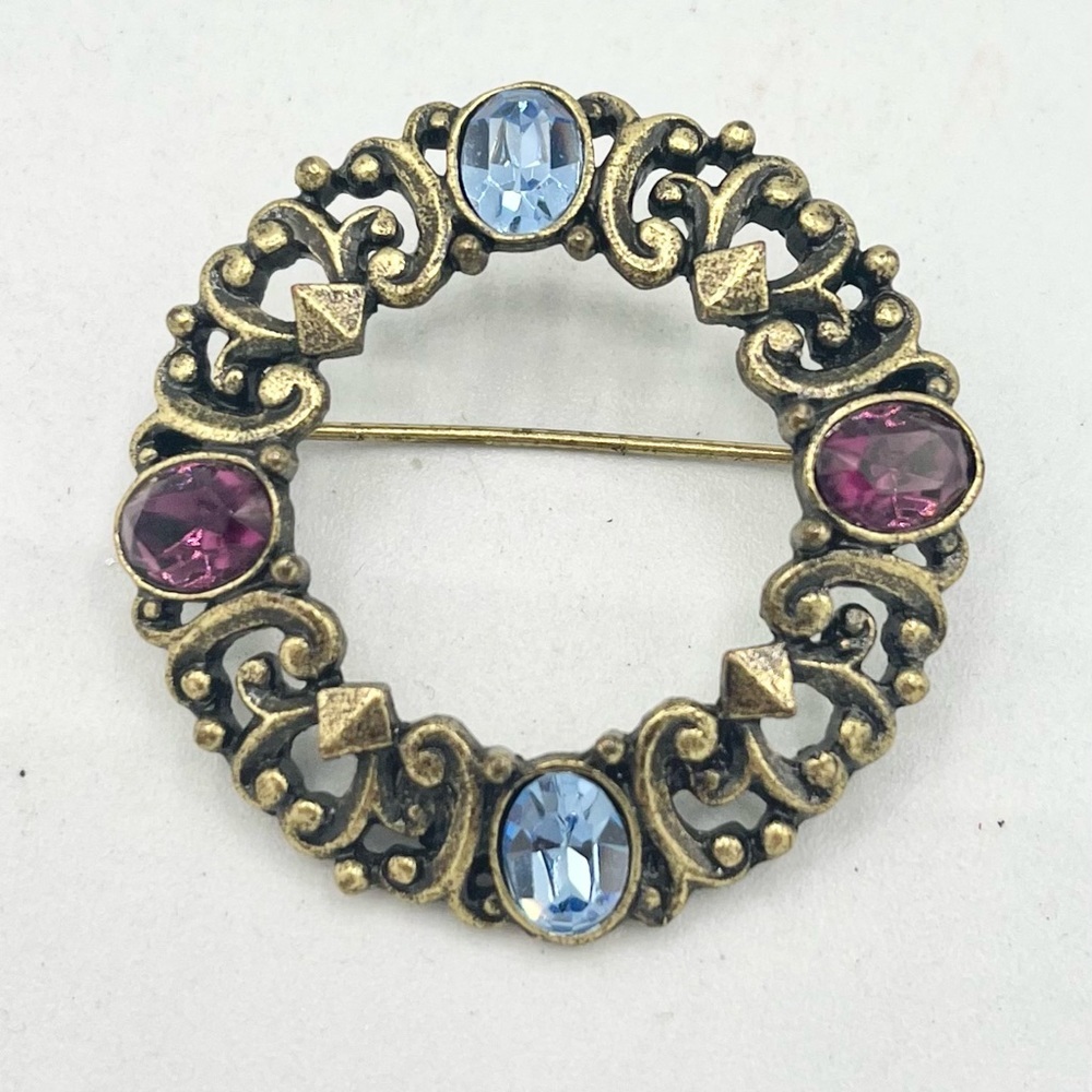 Victorian Revival Style Open Pattern Brooch w/Hearts‎ Blue & Purple Glass Stones